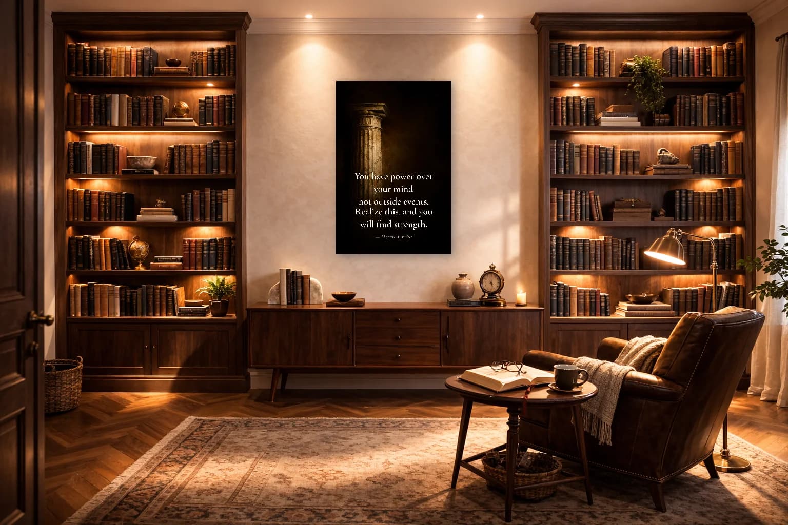 Citation de Marcus Aurelius Méditations - Élégant Sombre - Art Mural Stoïcien - Room Scene 3