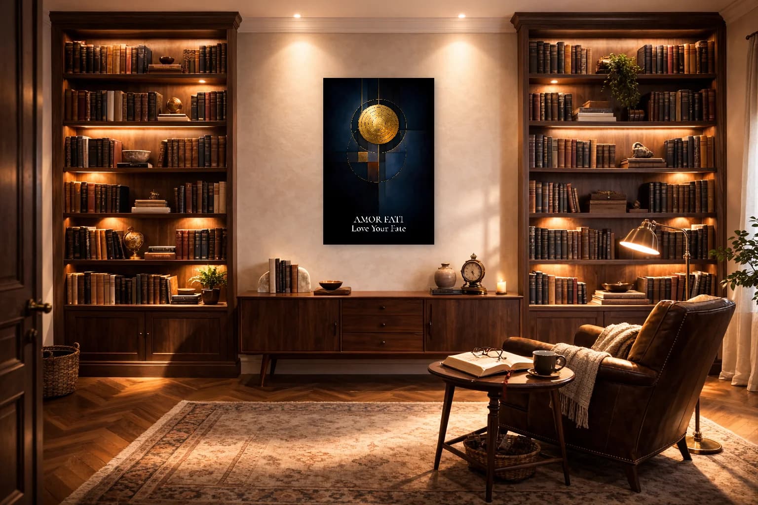 Amor Fati Gold Navy Minimalist Philosophy Print - Stoic Wall Art - Room Scene 3