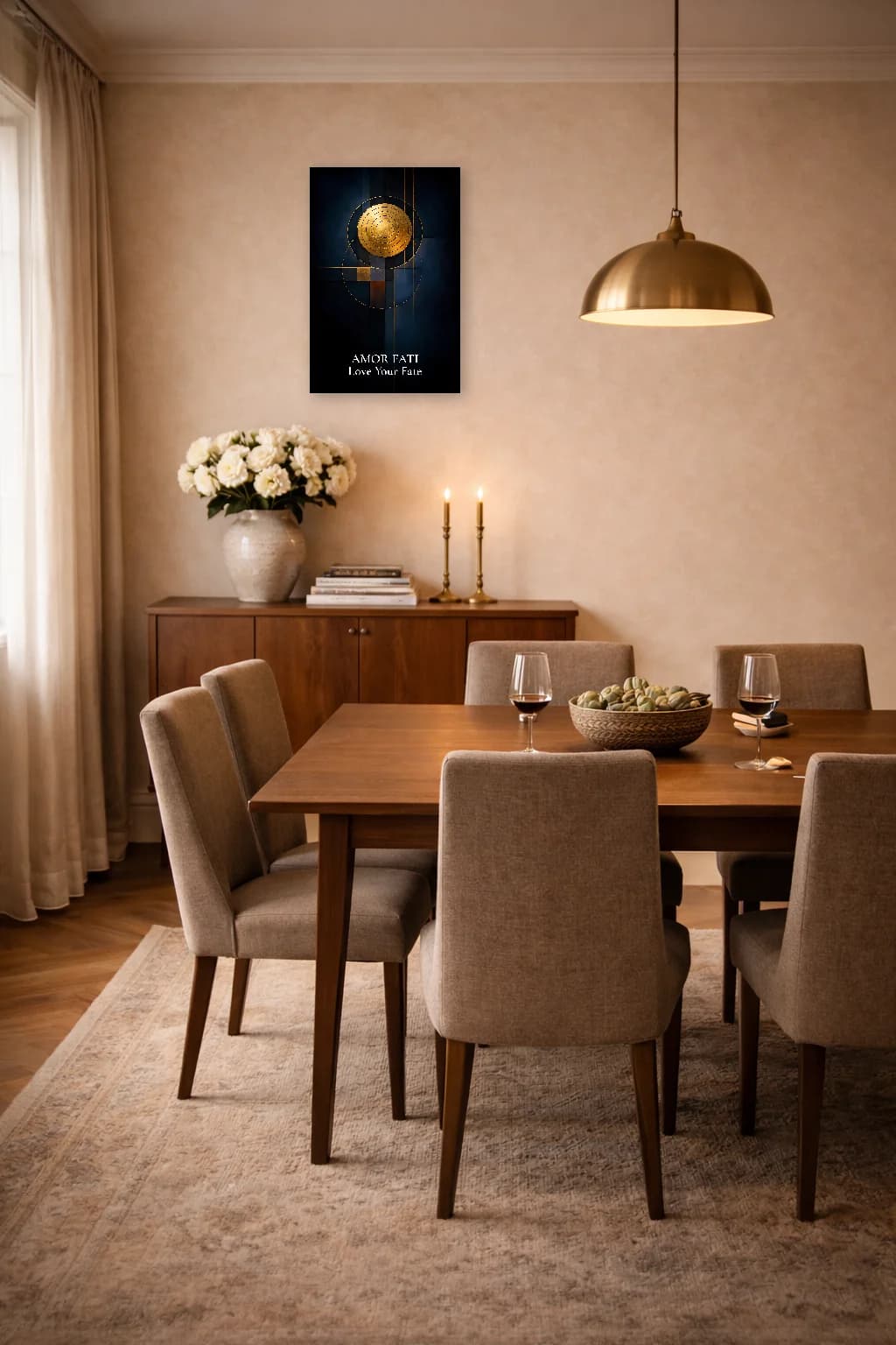 Amor Fati Gold Navy Minimalist Philosophy Print - Stoic Wall Art - Room Scene 4