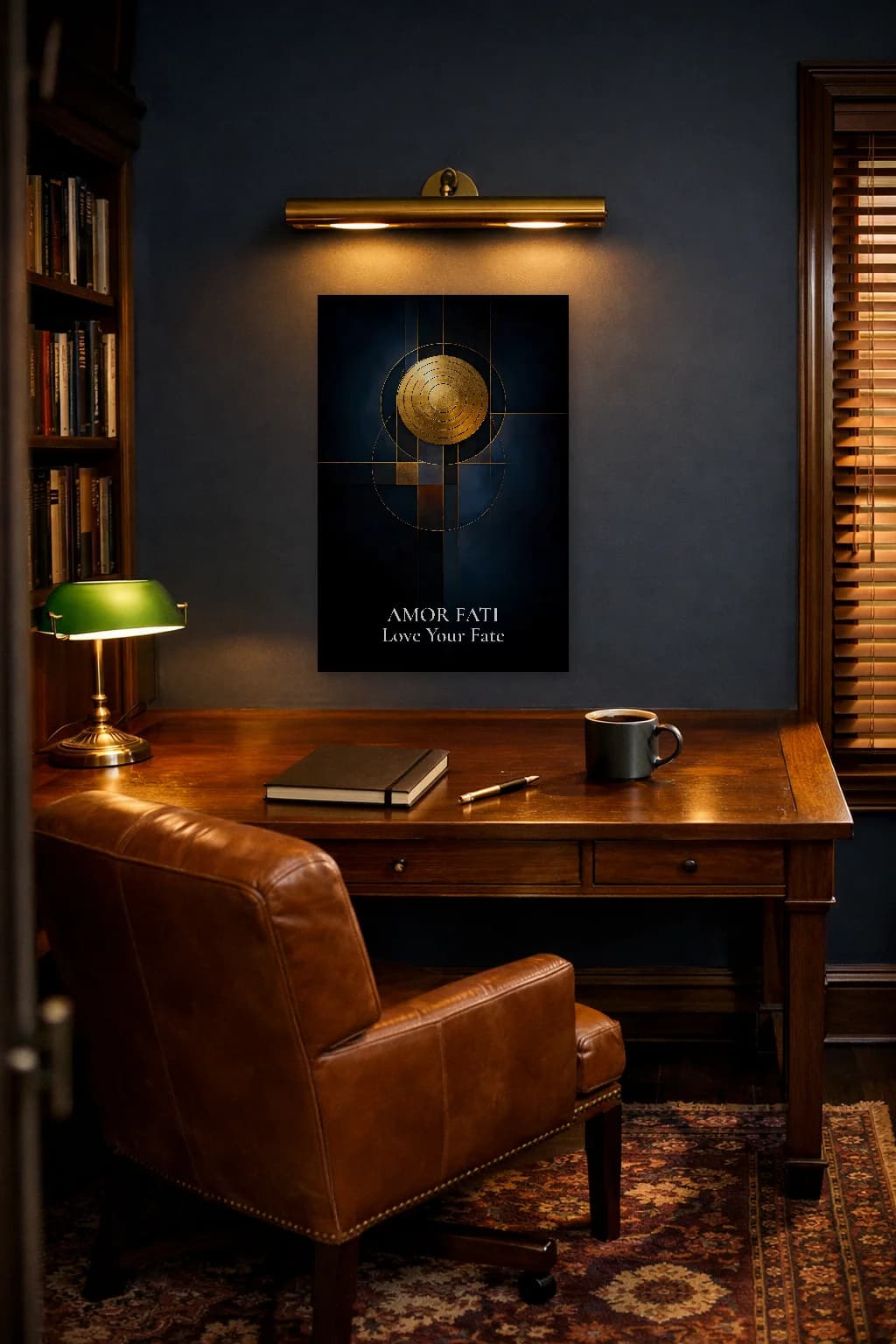 Amor Fati Gold Navy Minimalist Philosophy Print - Stoic Wall Art - Room Scene 5