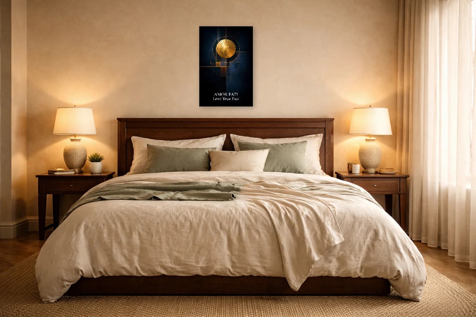 Amor Fati Gold Navy Minimalist Philosophy Print - Stoic Wall Art - Room Scene 6