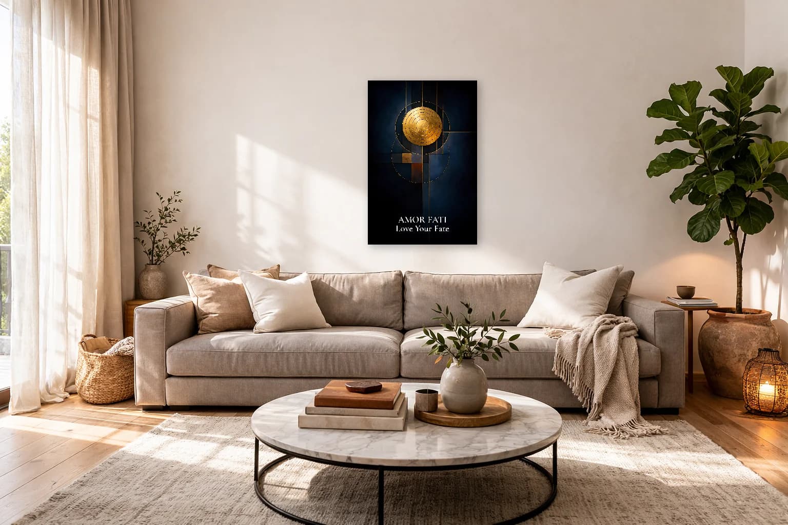 Amor Fati Gold Navy Minimalist Philosophy Print - Stoic Wall Art - Room Scene 7